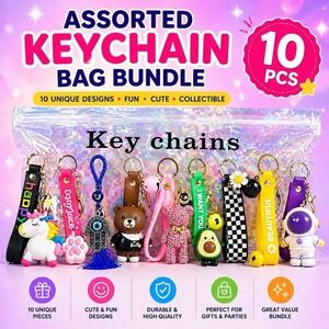 Assorted 10pc Keychain Bundle Mixed Lot Bulk Cute Kawaii Key Ring Charms Gift